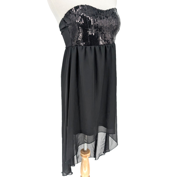 VTG Y2K Wet Seal Black Sequin Sheer Asymmetrical Gothic Chiffon Strapless Dress - Picture 3 of 9